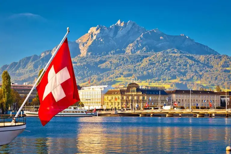 Lake Luzern and town waterfront with Pilatus mountain peak view, Switzerland