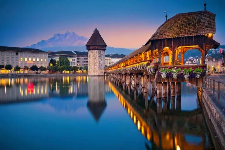 Lucerne Bridge at night with lights