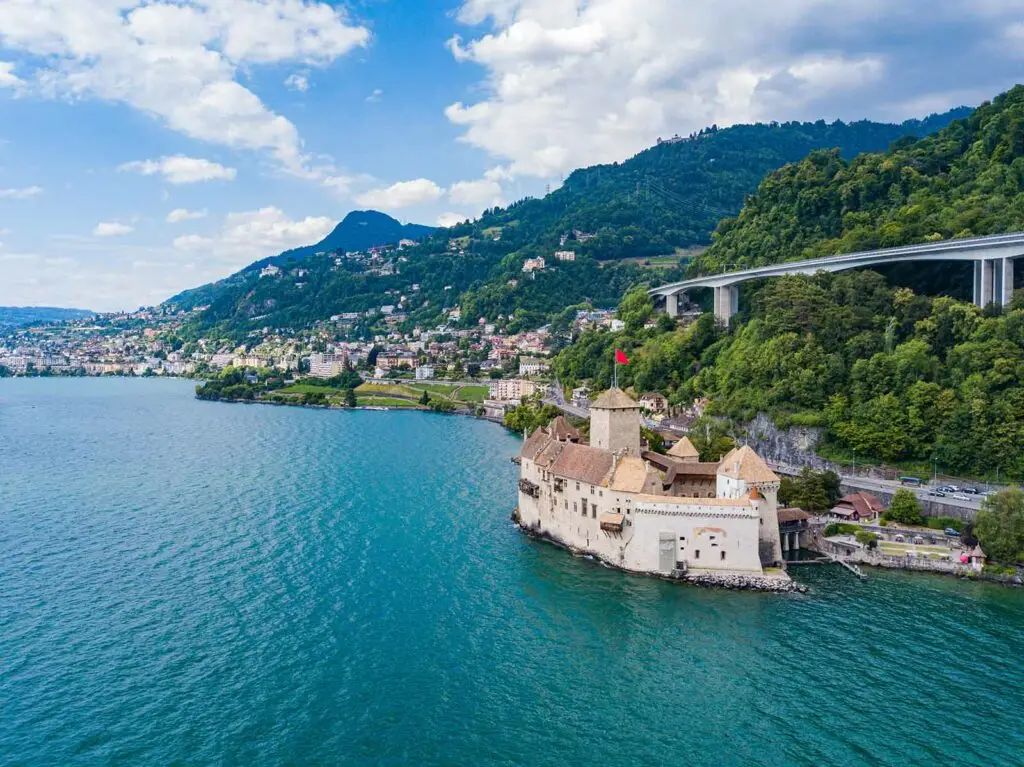 Chillon Castle from above the lake in Switzerland