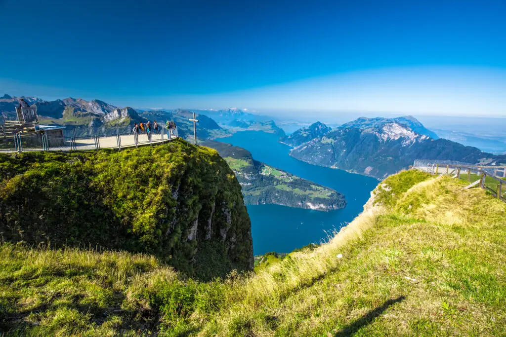 Fantastic view to Lake Lucerne with Rigi and Pilatus mountains, Brunnen town from Fronalpstock, Switzerland, Europe.