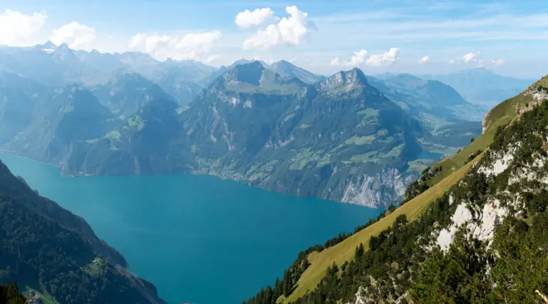 Gorgeous view from Fronalpstock overlooking Lake Lucerne on a sunny autumn day. Alpine landscape panorama